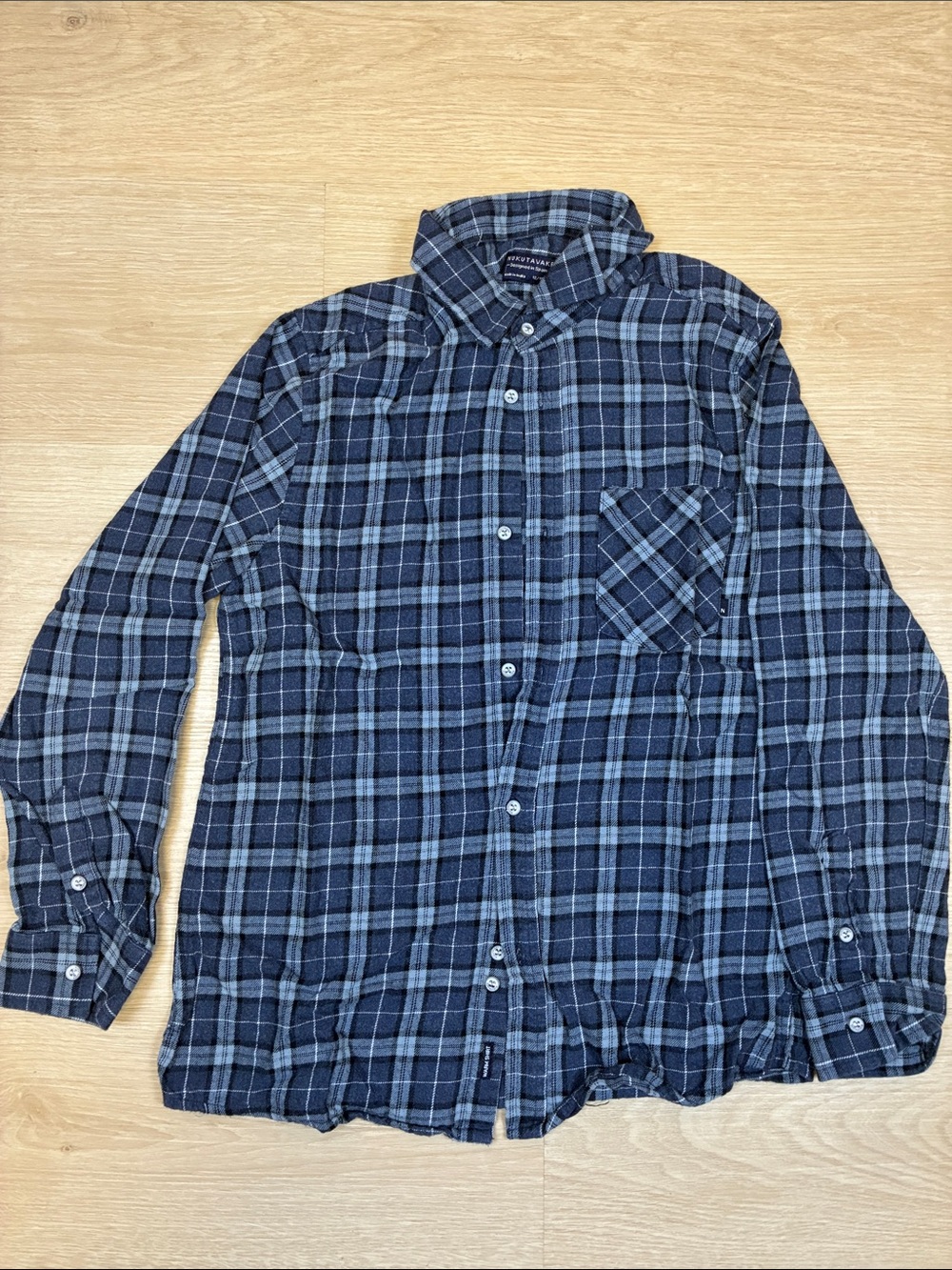 Nukutavake Navy & Light Blue Plaid Button-Down Flannel Shirt Casual Long Sleeve